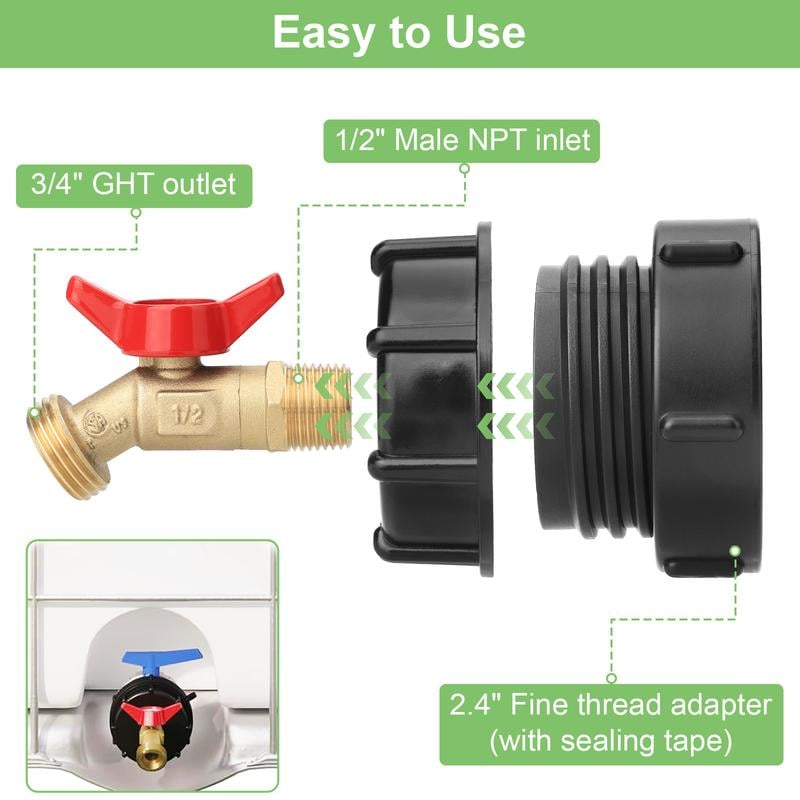 275-330 Gallon IBC Tote Tank Adapter - 2.44" Fine Thread, 1/2" NPT × 3/4" GHT Male Fittings with Garden Hose Quick Connector