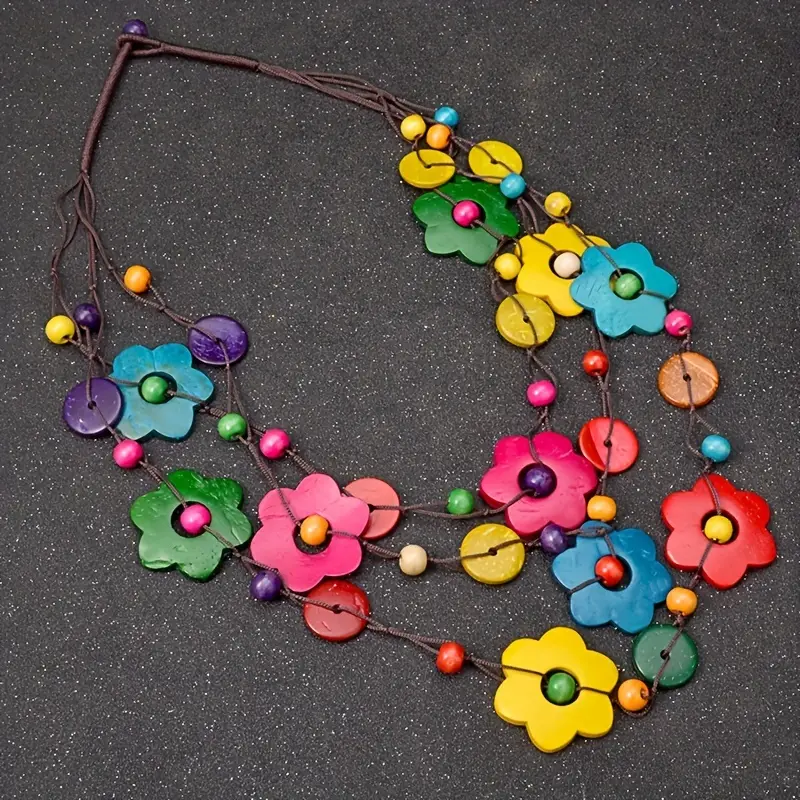 Handmade Boho Multilayer Wooden Multicolor Flower Necklace