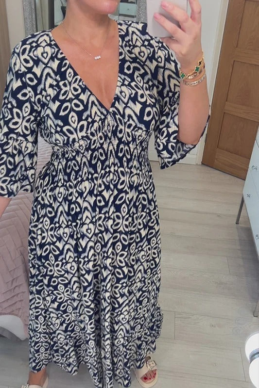 🔥Last Day 50% OFF-Bohemian Print V-Neck Waist Wrap Maxi Dress
