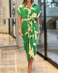 Casual Lapel Neck Waist Print Shirt Dress