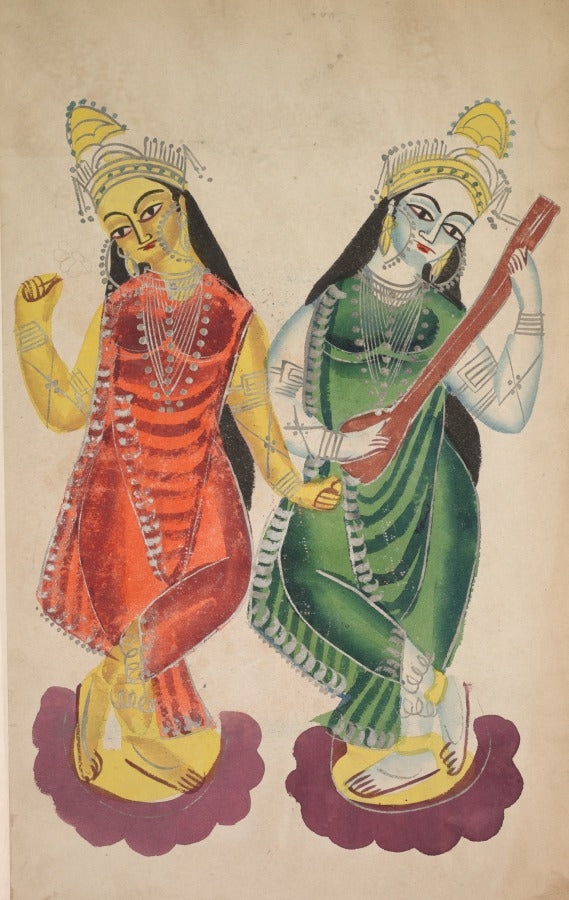 Goddesses Lakshmi and Sarasvati verso, from a Kalighat album by  - Classic Art canvas print