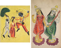 Leaf from a Kalighat album Hanuman attacks Indrajit holding an apparition of Sita by the hair recto Goddesses Lakshmi and Sarasvati verso by  - Classic Art canvas print