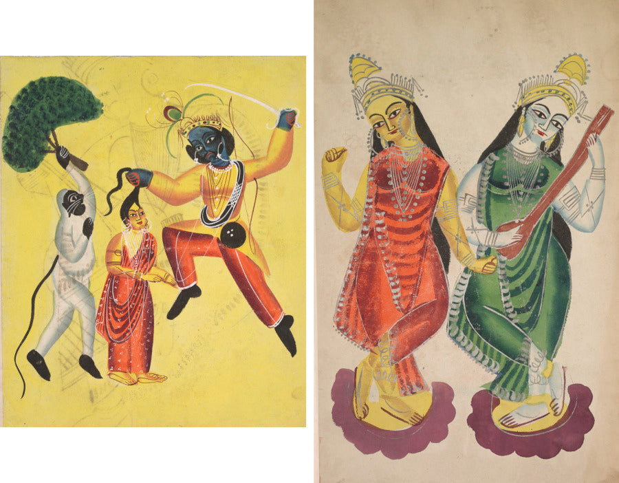 Leaf from a Kalighat album Hanuman attacks Indrajit holding an apparition of Sita by the hair recto Goddesses Lakshmi and Sarasvati verso by  - Classic Art canvas print
