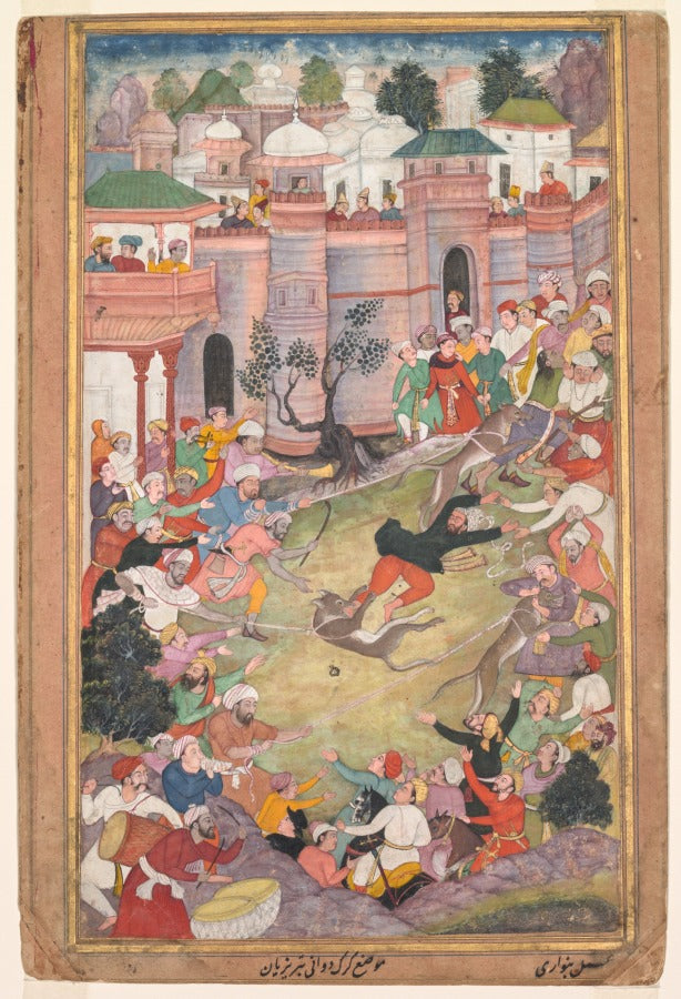 The game of wolf-running in Tabriz, from an Akbar-nama Book of Akbar by Banavari 1 (Indian, active 1550s-1590s) - Classic Art canvas print