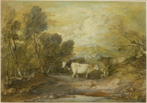A Herdsman with Three Cows by an Upland Pool by Thomas Gainsborough (British, 1727–1788) - Classic Art canvas print