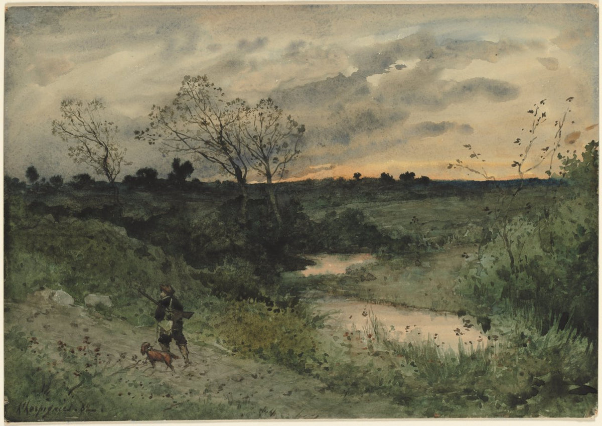 DawnHunter with Dog by Henri Joseph Harpignies (French, 1819–1916) - Classic Art canvas print