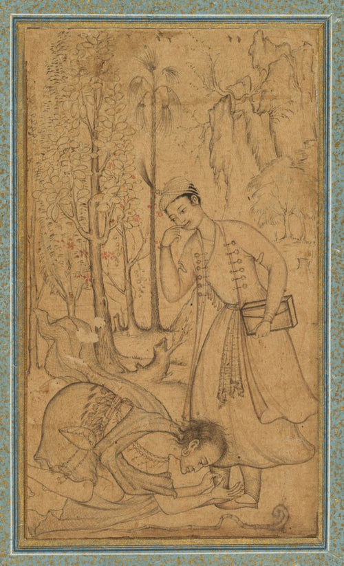 A holy man prostrating himself before a learned prince by Manohar (Indian, active late 1500s) - Classic Art canvas print