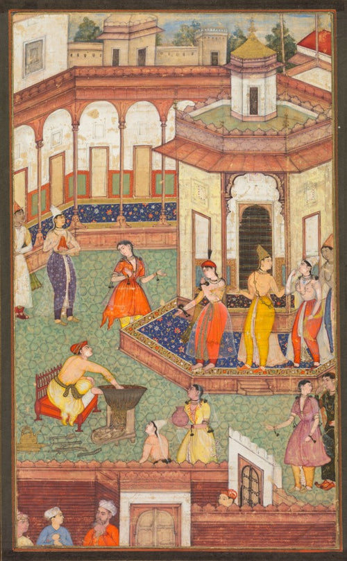 A Man Dips His Hand into a Cauldron as Ladies of the Harem Stand in Amazement A Page from a Manuscript of Religious History by  - Classic Art canvas print