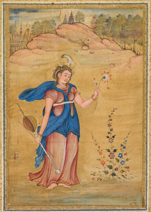 A female figure standing in a landscape holding a four-stringed khuuchir and a lotus by  - Classic Art canvas print