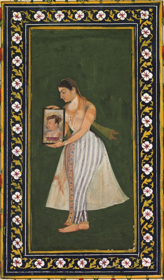 Nur Jahan holding a portrait of Emperor Jahangir by Bishandas (Indian) - Classic Art canvas print