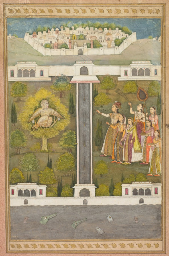 Mahliqa, Daughter of the Emperor of China, Pointing at the Bird-Man Khwaja Mubarak A Leaf from a Poetical Romance Relating to Shah Alam I verso Stenciled Scenes of Lion and Gazelle verso by  - Classic Art canvas print