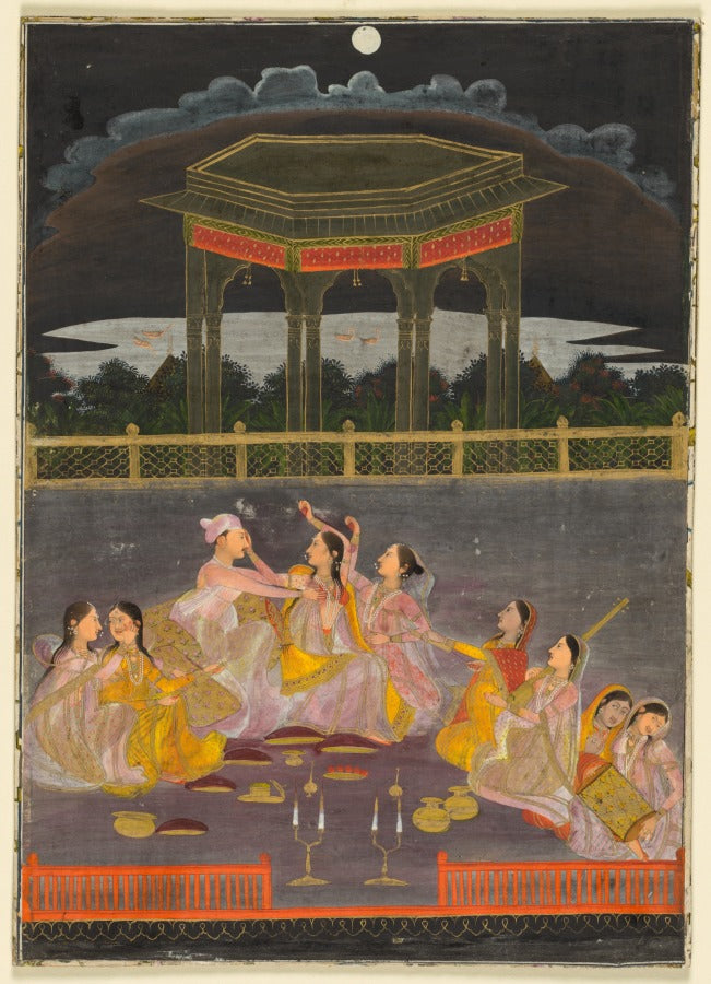 A prince celebrating Holi with palace women on a terrace at night recto by  - Classic Art canvas print