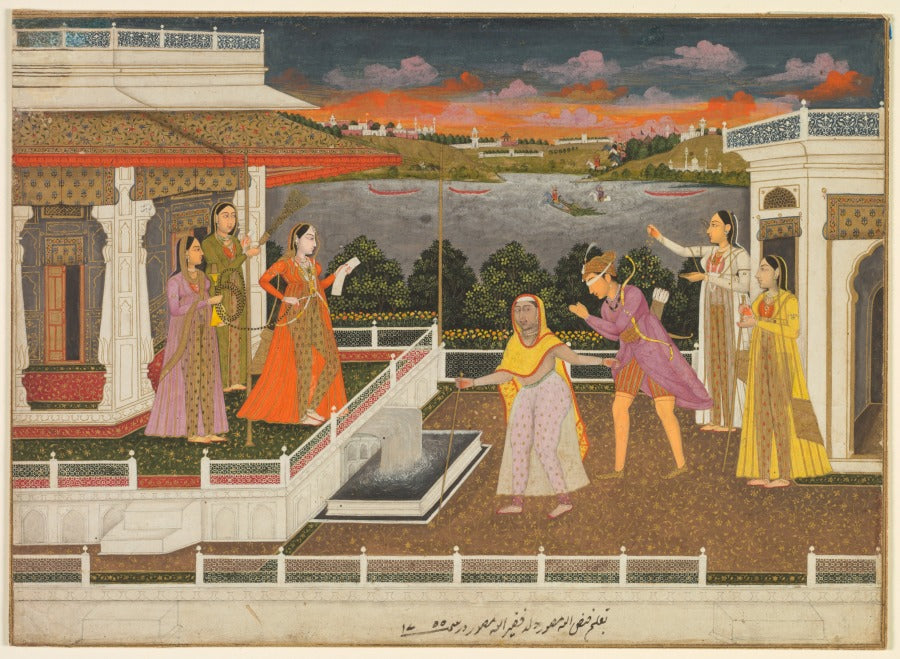 A blindfolded suitor is brought before a princess verso scrolling floral vines by Fayzullah (Indian, active c. 1730–1765) - Classic Art canvas print