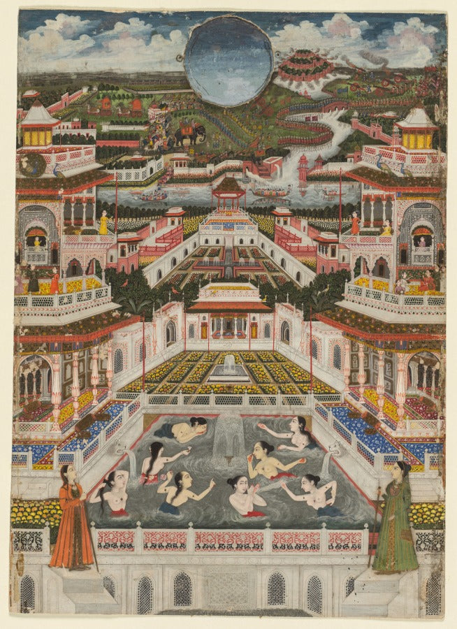 Women bathing before an architectural panorama by Fayzullah (Indian, active c. 1730–1765) - Classic Art canvas print