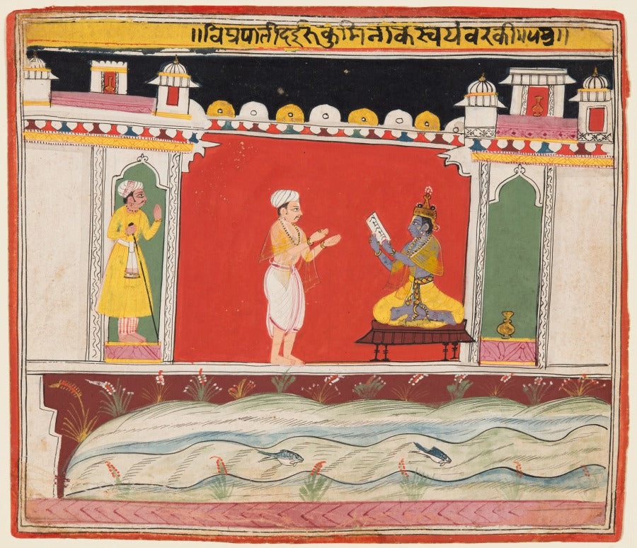 A Brahmin gives Krishna the Message or Invitation for the Competition to Rukminis Svayamvara, from a Bhagavata Purana by  - Classic Art canvas print