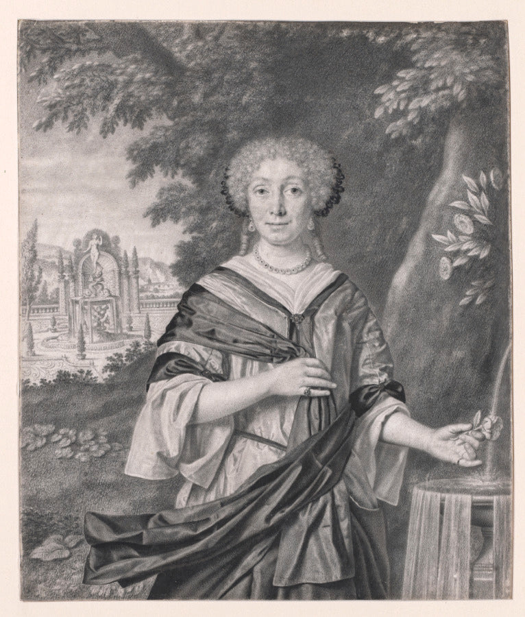 Portrait of a Woman near a Fountain, a Rose in Her Hand by Johan Thopas (Dutch, 1630–1700) - Classic Art canvas print