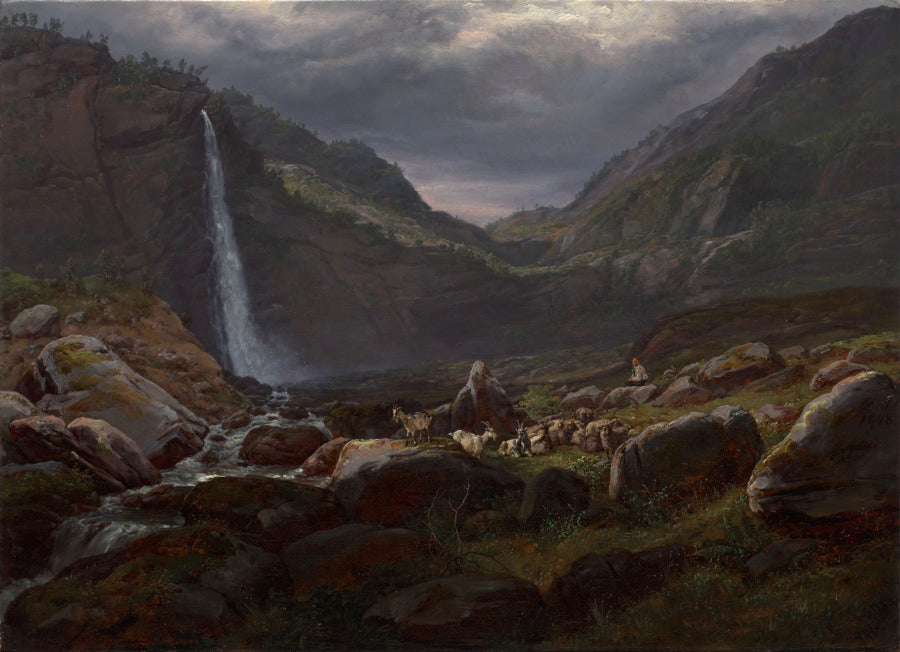 Feige Waterfall Feigefossen, Lysterfjord, Norway by Johan Christian Clausen Dahl (Norwegian, 1788–1857) - Classic Art canvas print