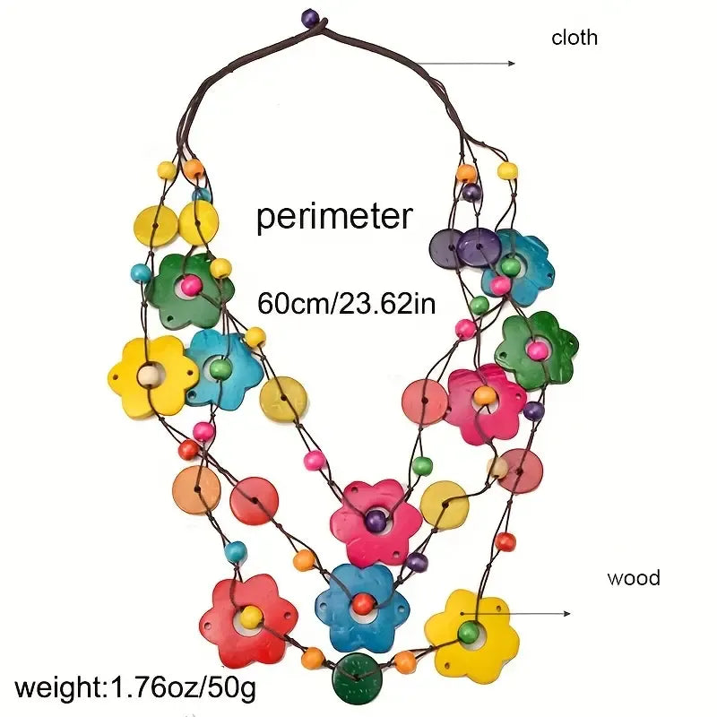 Handmade Boho Multilayer Wooden Multicolor Flower Necklace