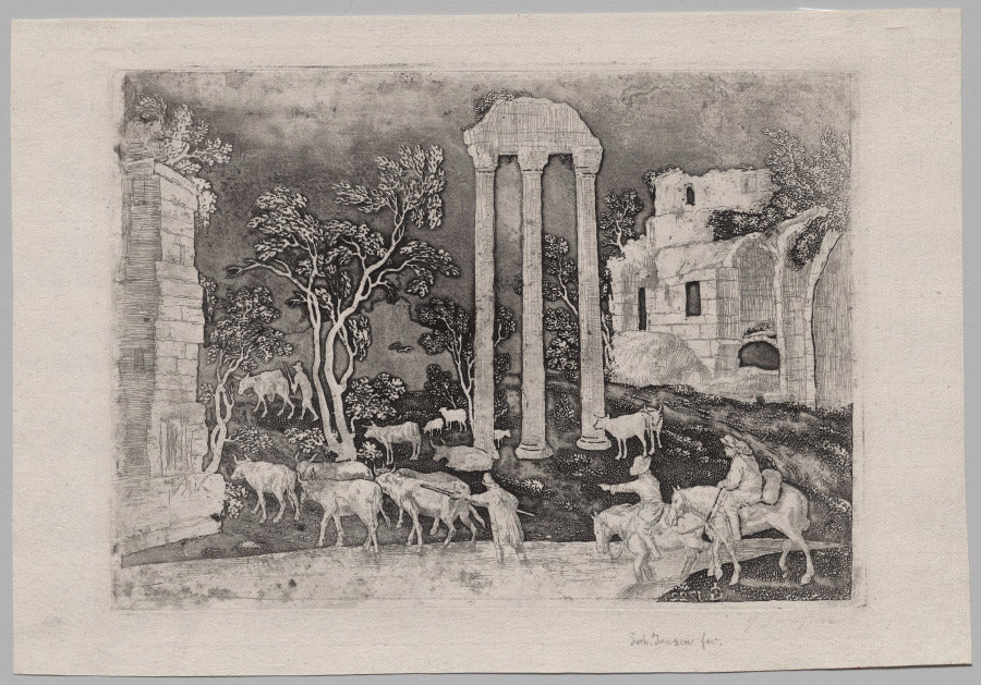 Pastoral Landscape with Ruins and a Ford by Gerhardt Janssen (Dutch, 1636–1725) - Classic Art canvas print