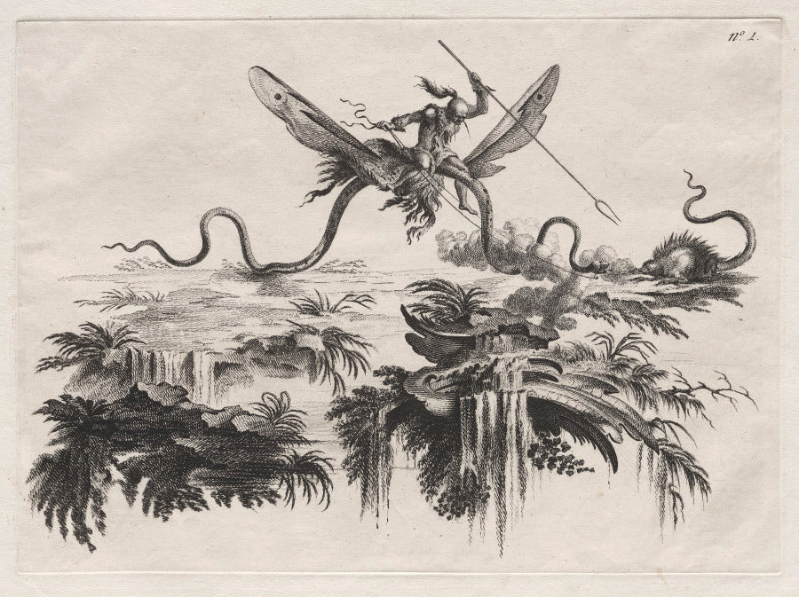 A Savage mounted on a winged Serpent battling with a wild beast resembling a Porcupine by Filippo Morghen (Italian, 1730–after 1807) - Classic Art canvas print