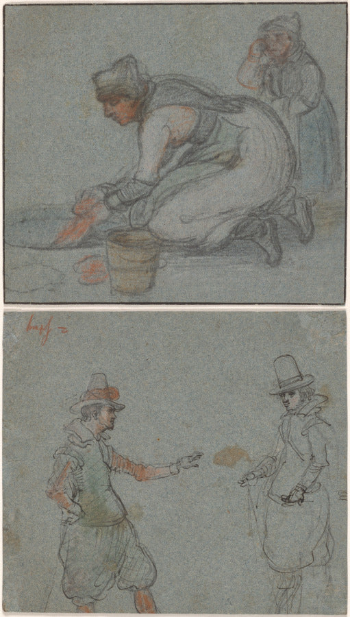 A Woman Doing Laundry in an Ice Hole recto Two Gentlemen verso by Hendrick Avercamp (Netherlandish, 1585–1634) - Classic Art canvas print