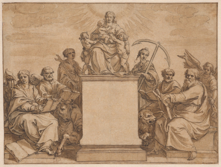The Three Theological Virtures Faith, Hope, and Charity, Surrounded by the Four Evangelists by Pieter I de Jode (Flemish, 1570–1634) - Classic Art canvas print