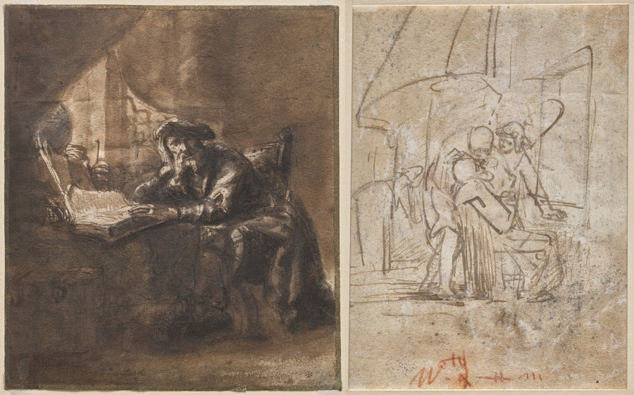An Old Man Seated at a Table, His Head Resting on His Right Hand recto The Healing of Tobit verso by Ferdinand Bol (Dutch, 1616–1680) - Classic Art canvas print