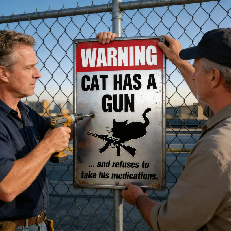 🔥Last Day 50% OFF-Funny "Cat & Dog Has a Gun & Won't Take Meds" Aluminum Sign