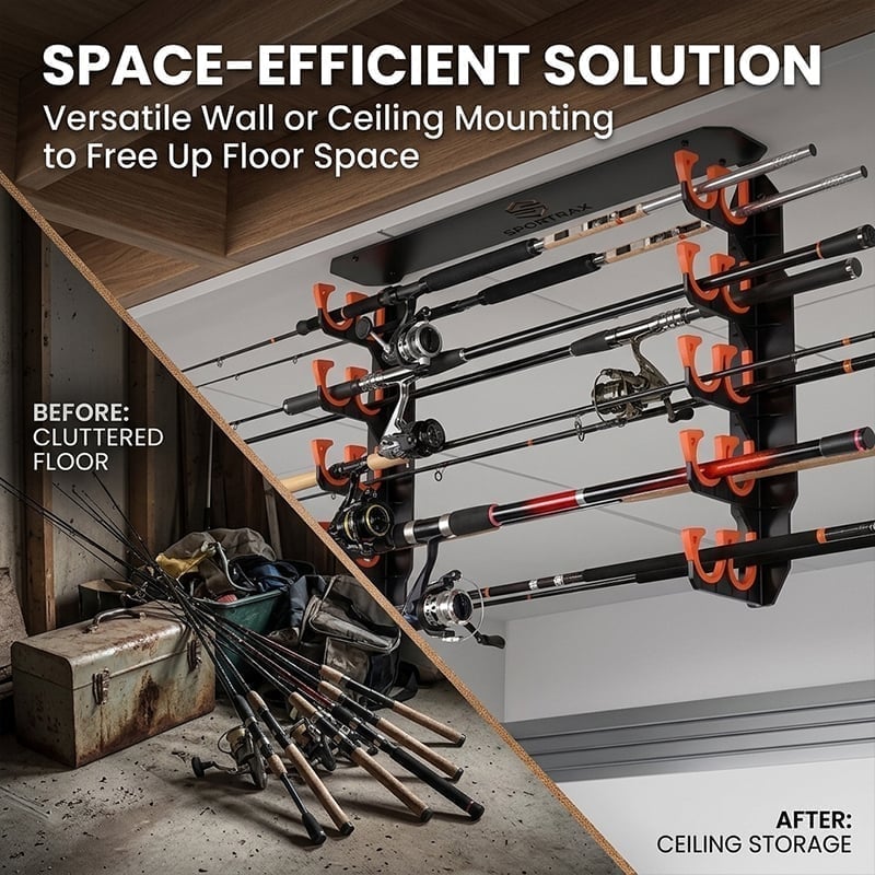 Wall & Ceiling Mounted Fishing Rod Rack – Space-Saving Storage for Rods & Combos 🎣🔩