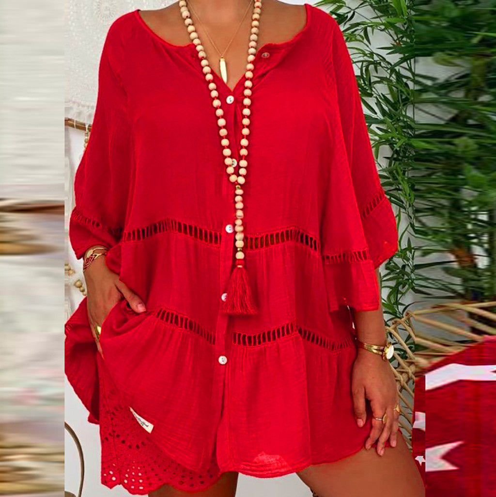 Three-Quarter Sleeve Cotton and Linen V-neck Buttons Hollow-out Large Dress