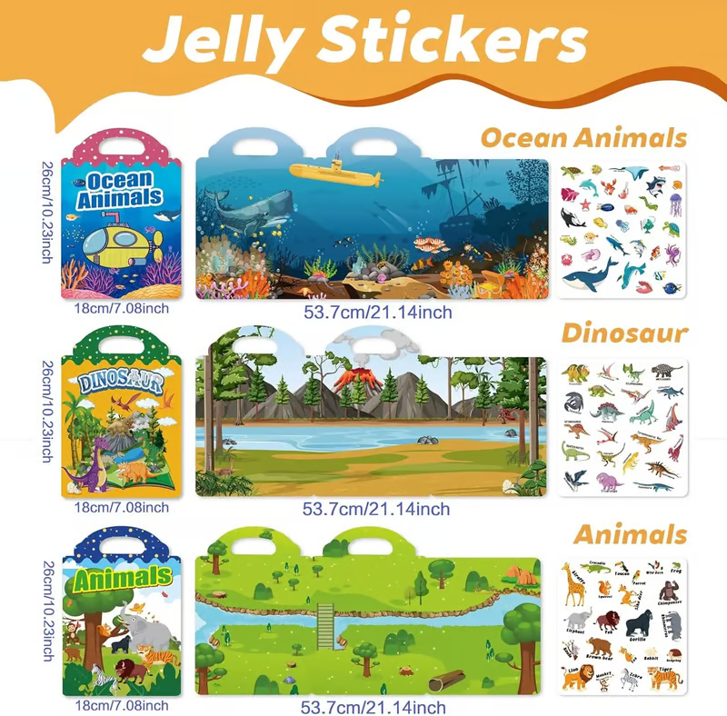 🧠📚Reusable Jelly Sticker Book for Toddlers 2-5, Portable Silicone Quiet Activity Travel Toy🎨