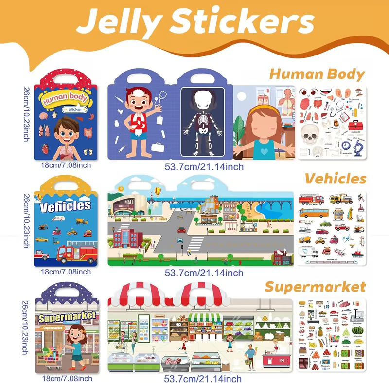 🧠📚Reusable Jelly Sticker Book for Toddlers 2-5, Portable Silicone Quiet Activity Travel Toy🎨