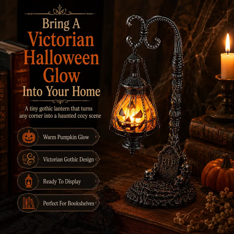 🎃 Gothic Pumpkin Lantern Stand | Warm Orange LED Glow, Victorian Skull Details & Haunted Shelf Decor 🕯️