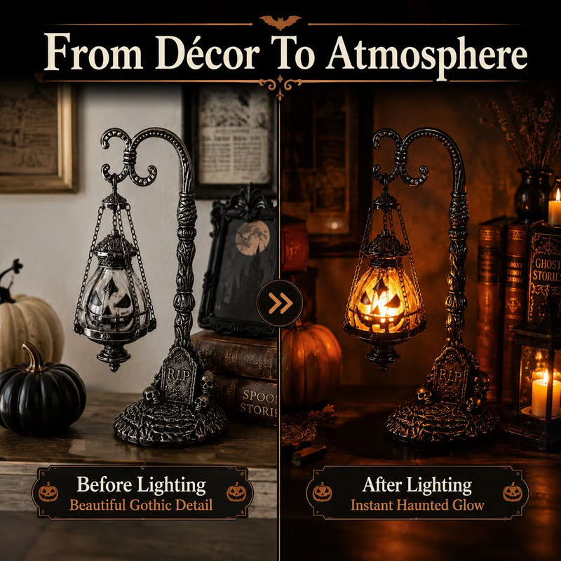 🎃 Gothic Pumpkin Lantern Stand | Warm Orange LED Glow, Victorian Skull Details & Haunted Shelf Decor 🕯️