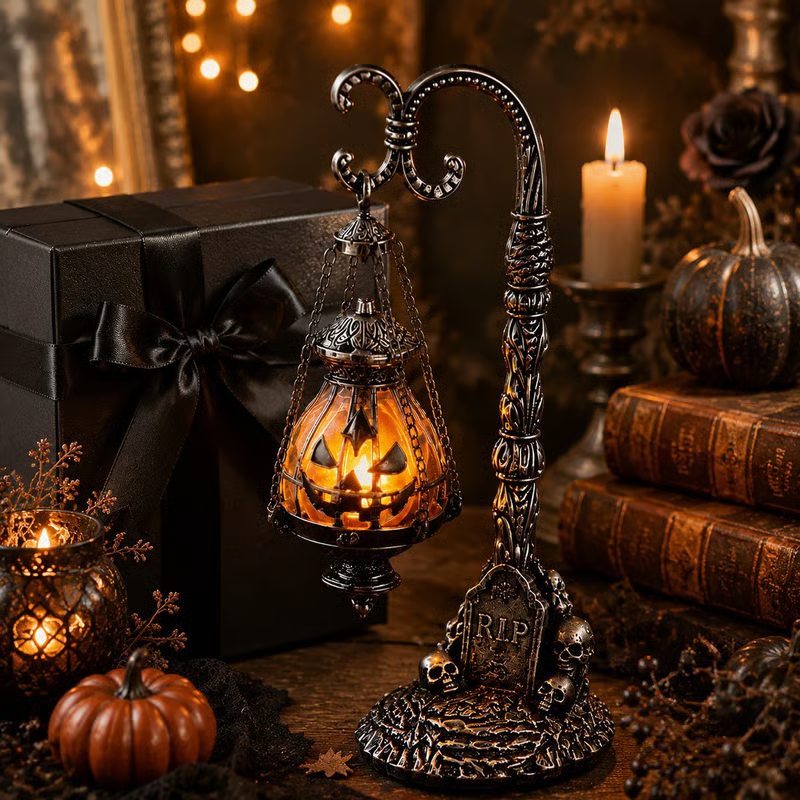 🎃 Gothic Pumpkin Lantern Stand | Warm Orange LED Glow, Victorian Skull Details & Haunted Shelf Decor 🕯️