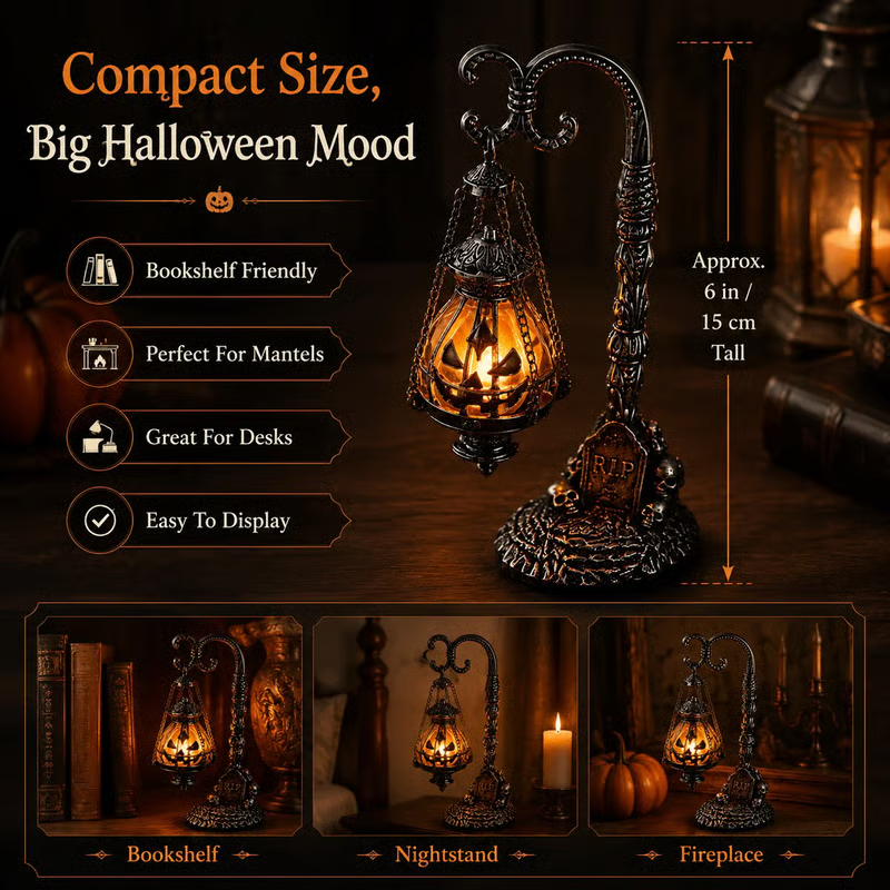 🎃 Gothic Pumpkin Lantern Stand | Warm Orange LED Glow, Victorian Skull Details & Haunted Shelf Decor 🕯️