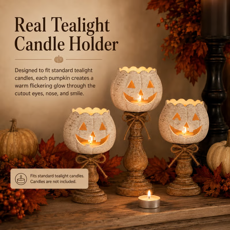 🕯 Set of 3 Rustic White Pumpkin Tealight Candle Holders | Layered Farmhouse Fall Decor For Halloween & Thanksgiving