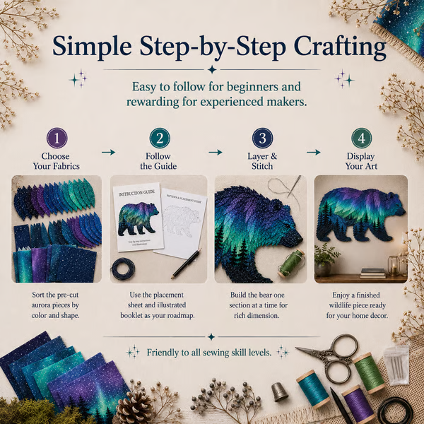 🔥LAST DAY 50% OFF - 🐻Northern Lights Wildlife DIY Patchwork Kit | Aurora Layered Fabric Art, Beginner Sewing Decor & Handmade Nature Gift