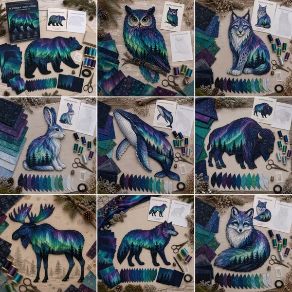 🔥LAST DAY 50% OFF - 🐻Northern Lights Wildlife DIY Patchwork Kit | Aurora Layered Fabric Art, Beginner Sewing Decor & Handmade Nature Gift
