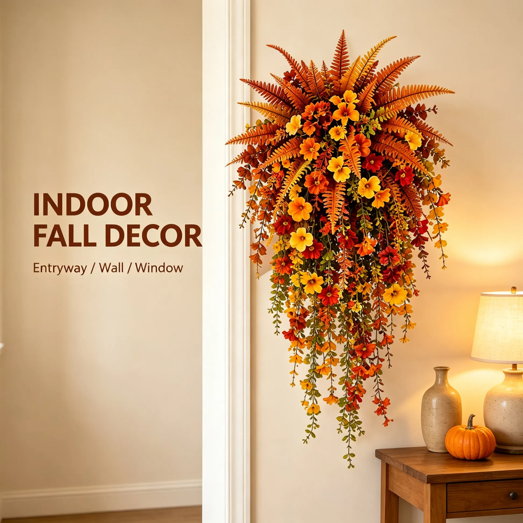 🍂 ARTIFICIAL FALL HARVEST HANGING BASKET - AUTUMN PORCH & DOOR DECORATION