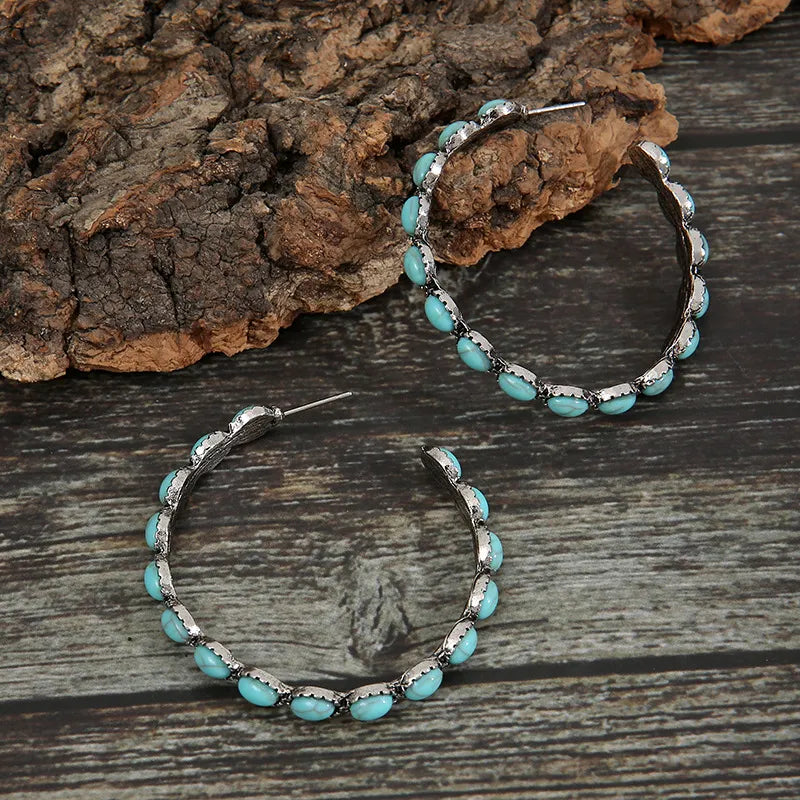 Retro Western Style Turquoise Big Circle C- Shaped Earrings
