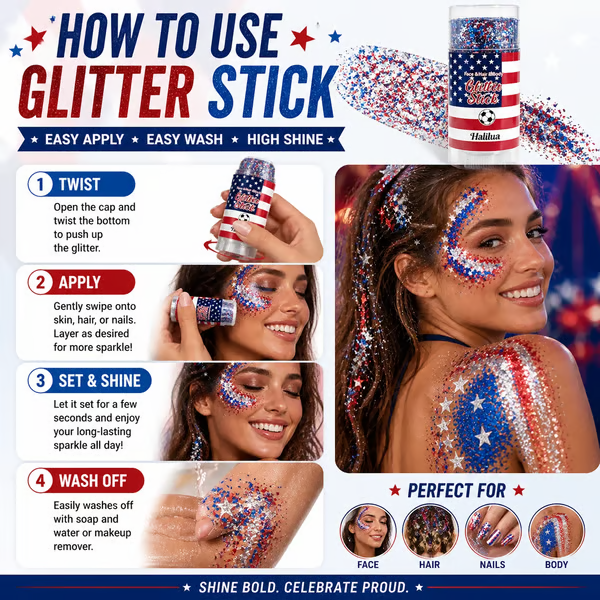 🦅4th of July Glitter Stick✨🔔Red, White & Blue Body & Hair Sparkle