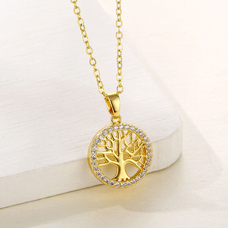 Round Hollow Tree of Life Pendant Necklace Geometric Clavicle Chain