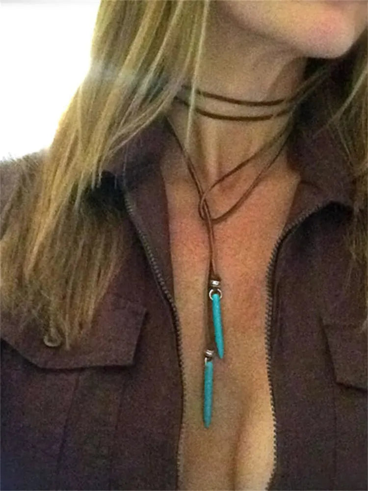 Western Turquoise Pendant Leather Necklace