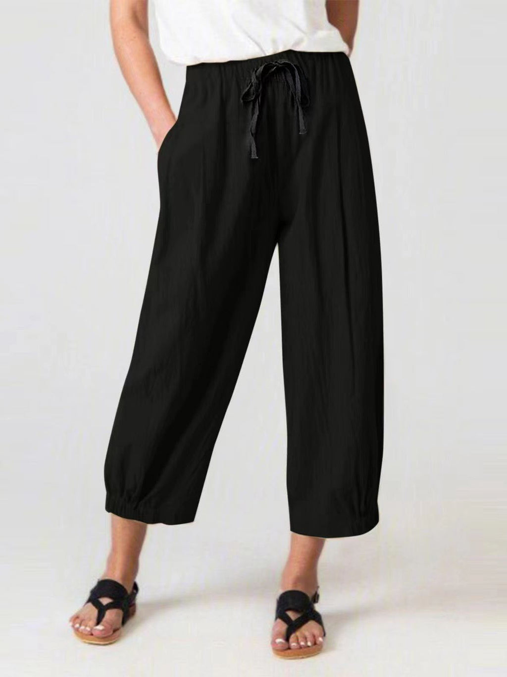 Women's Cotton Linen Drawstring Cropped Pocket Casual Pants