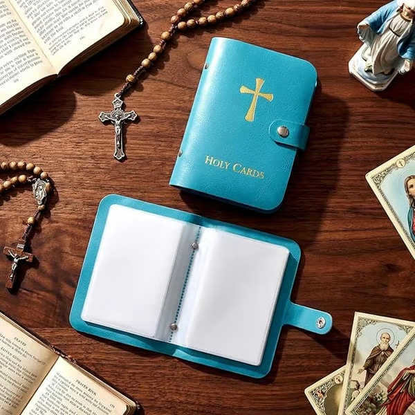 ✝️🙏Catholic Faux Leather Holy Card Holder – Pocket Prayer Card Organizer with Snap Closure