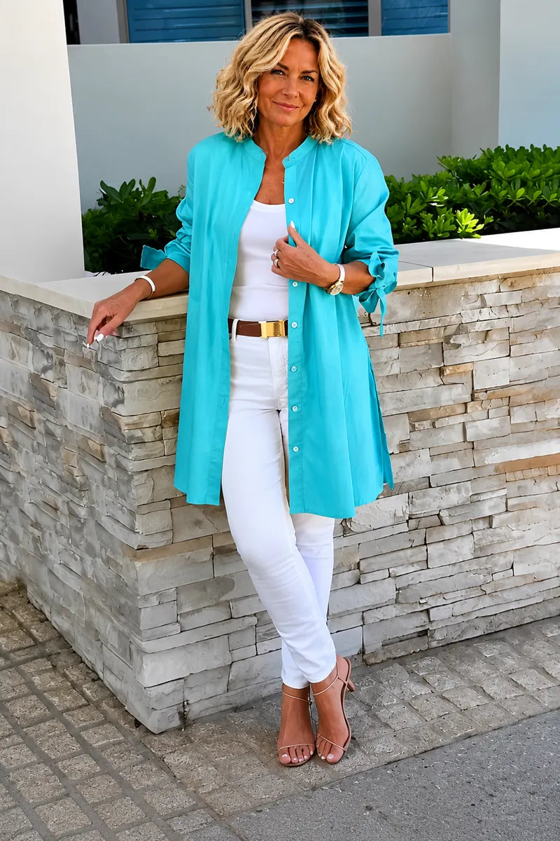 Solid Color Long Cotton Shirt Jackets Women Swing Shap Flattering