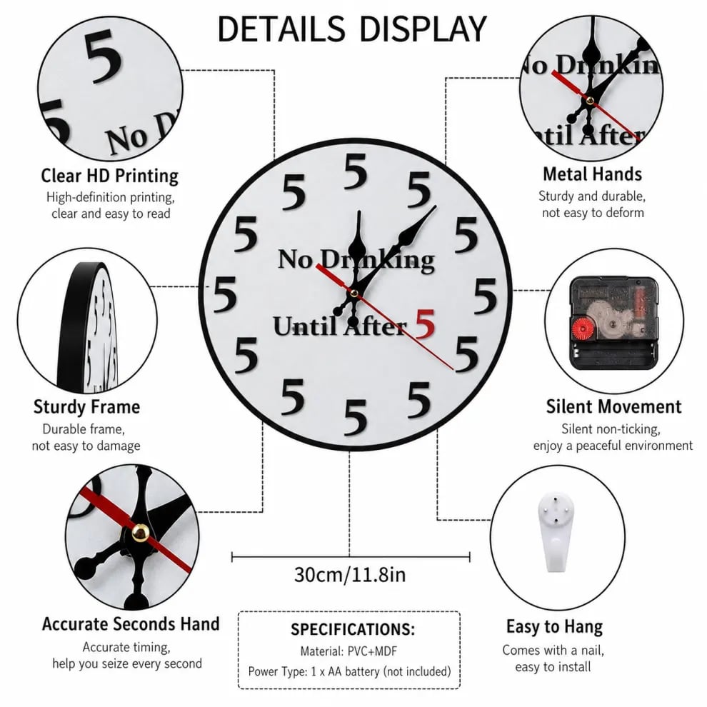 🔥Limited-Time 49% OFF 🔥Funny "No Drinking Until After 5" Round Wall Clock