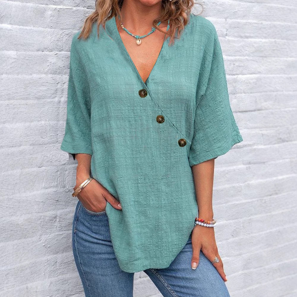 Women'S Irregular V-Neck Cotton And Linen Top