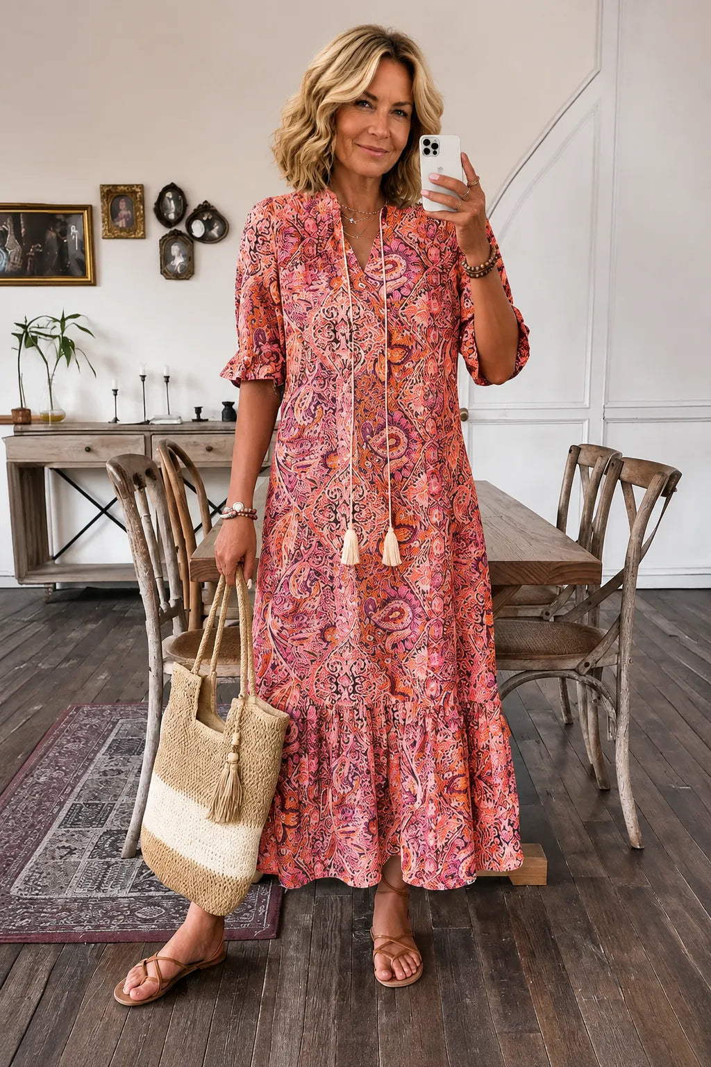 Paisley Bohemian Long Length Vintage Print Tassel Tie Neck Tunic Dress - Elegant Vacation Style with Drawstring, Ruffle Hem, and Random Printing